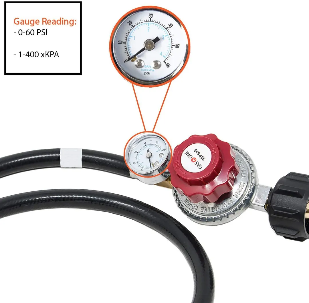 GasOne Propane Regulator with Propane Orifice High Pressure 0-30PSI with PSI Indicator 4 Feet Hose Universal QCC1 for Propane Gas Grill Heater and Fire Pit - 3/8" Female Flare Nut, photo 3 of 7