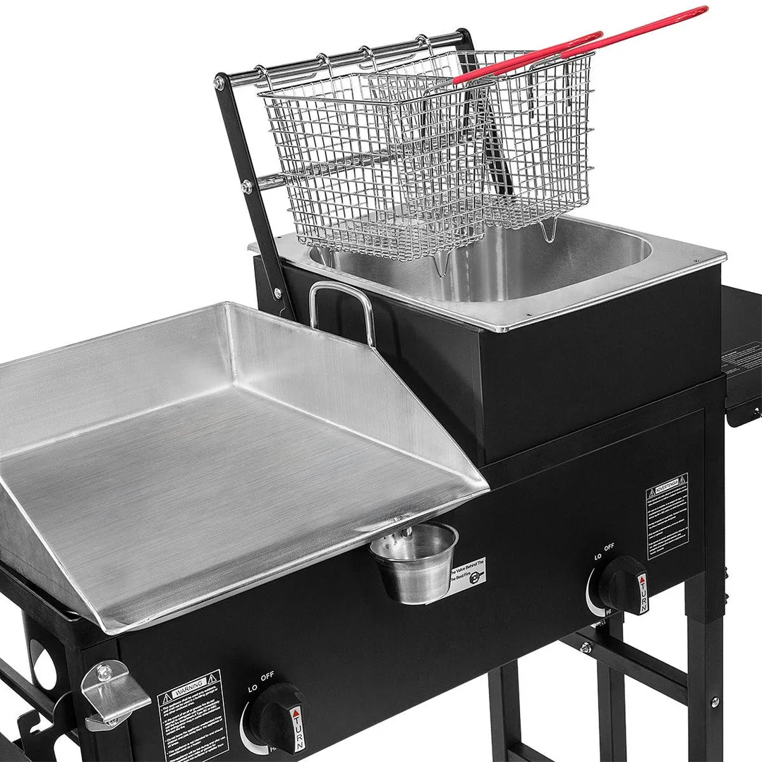 Barton 58,000 BTU Outdoor Gas Propane Double Burner Stove Cook Station Flat Top Griddle & Deep Fryer BBQ Grill Camp Side Table, photo 4 of 7