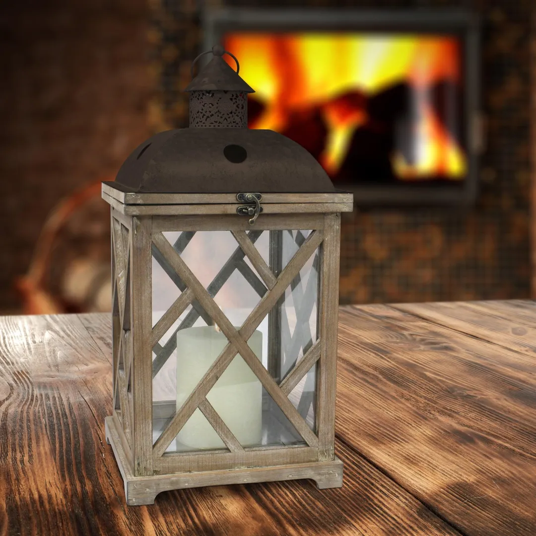 Stonebriar Collection Stonebriar Decorative Wooden Hurricane Candle Lantern Set - Indoor or Outdoor Use - Set of 2, photo 4 of 7