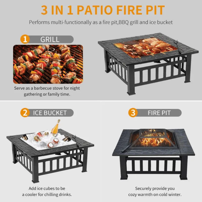 HEMU FASHION Hottest Outdoor Fire Pit, 32'' Square Metal Firepit Table,Wood Burning Stove BBQ Table, Ice Pit, Heater, Waterproof Cover, Suitable for Backyard Garden Camping Party, photo 2 of 10