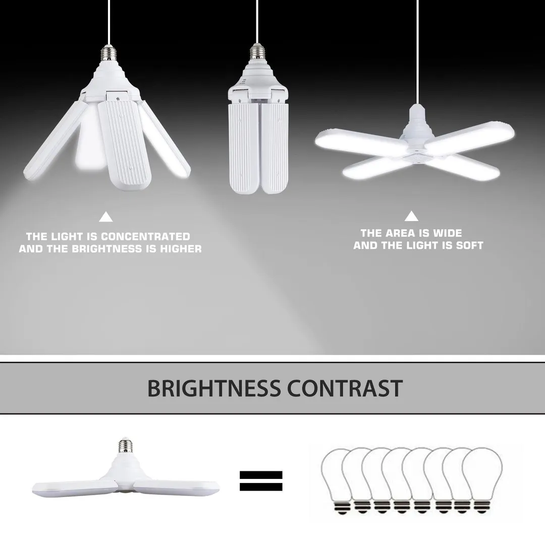 Stoneway 60W LED Garage Lights, Trilights LED Garage Ceiling Lighting, High Low Bay Deformable Adjustable Led Light Bulbs 5500LM 6000K, Screw in Tribright Garage Lighting Fixture, photo 5 of 10