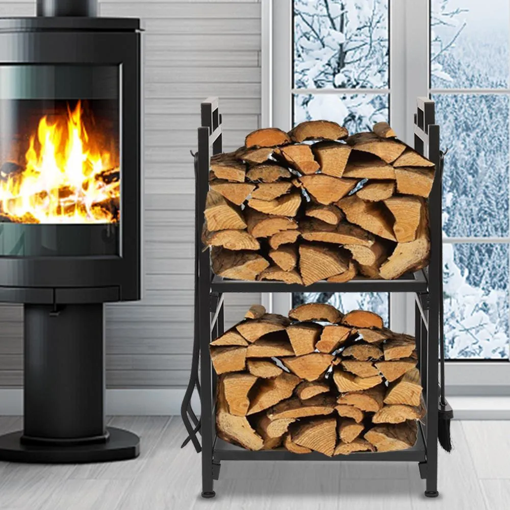 Ktaxon Firewood Rack Indoor Fireplace Tool Rack Outdoor Log Rack with 4 Tools Wood Holder Bin Firewood Holders Lumber Storage Stacking Black Wrought Iron Fireplace Logs Holder Stove, photo 5 of 7