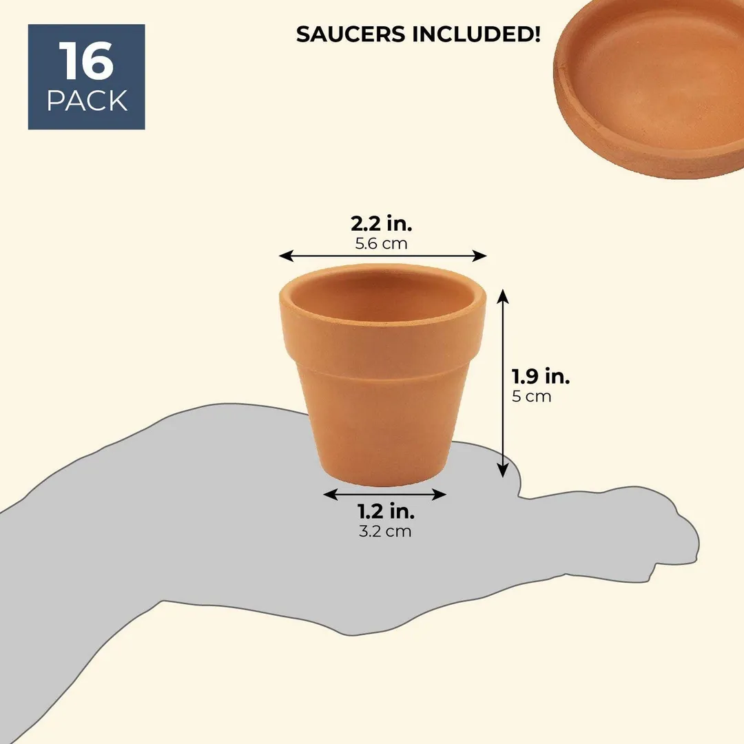 16-Pack Terra Cotta Pots with Saucer, Mini Small Terracotta Flower Clay Pots Planters with Saucer Ceramic Pottery Nursery Indoor Outdoor Gardening for Cacti & Succulent Plants, Brown 2.2 x 1.9 inches, photo 2 of 8