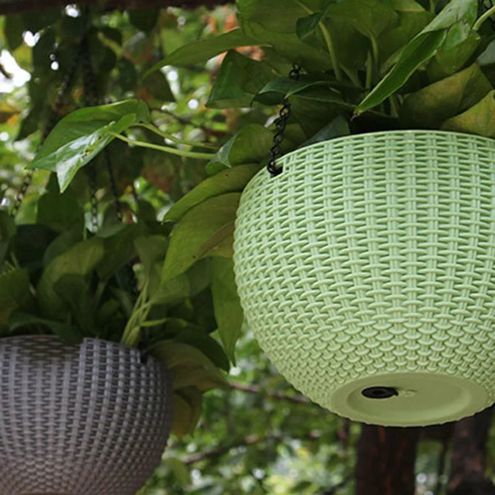 Round Resin Chain Basket Hanging Planter Rattan Flower Pot Self-watering Art Planter Plastic Resin Planting Tool Garden Supplies, photo 6 of 7