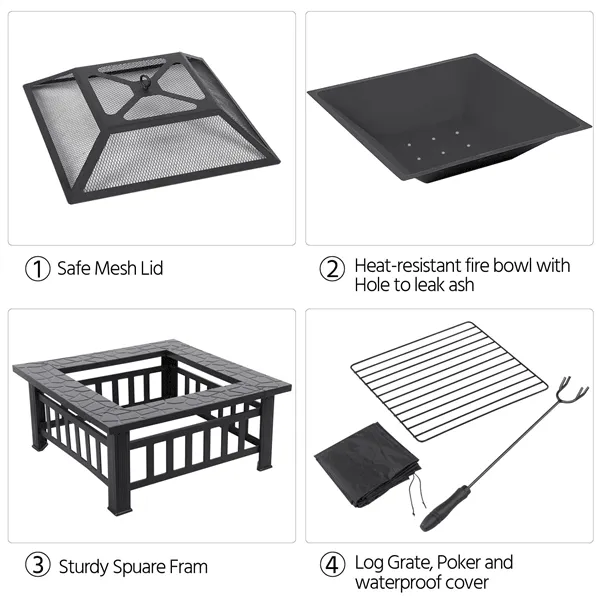 Topeakmart 32'' Outdoor Metal Fire Pit Square Garden Stove Brazier for Barbecue, Heating, Cooling Drinks w/Cover & Poker Black, photo 3 of 12