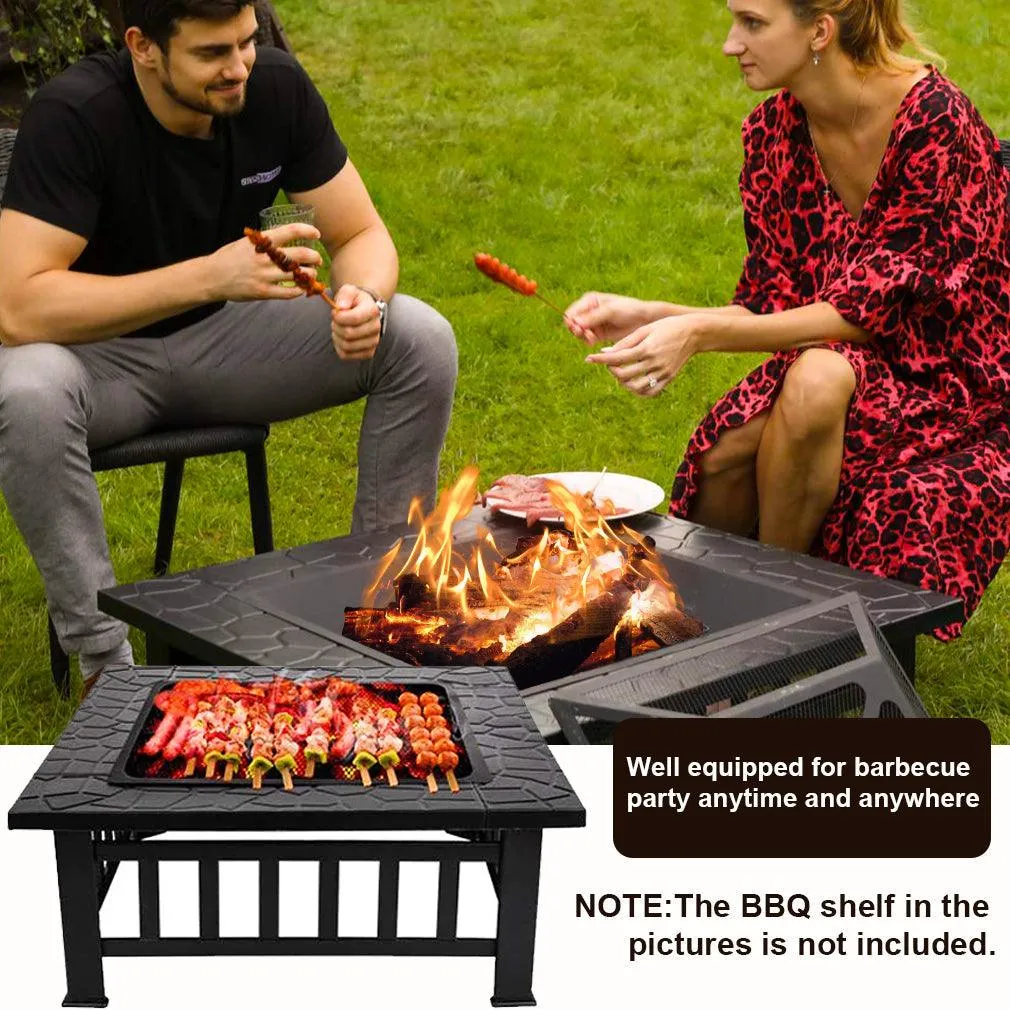 FDW Outdoor fire pit for wood 32" Metal firepit for patio Wood Burning Fireplace Square Garden Stove with Charcoal Rack, Poker & Mesh Cover for Camping Picnic Bonfire Backyard, photo 3 of 7