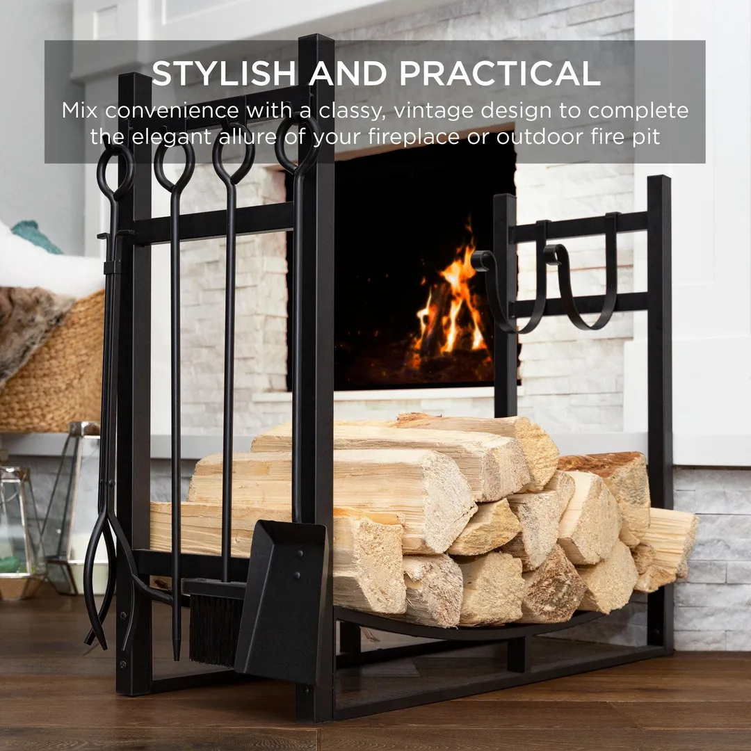 Best Choice Products 33.5in Steel Firewood Log Rack & Tool Set for Fire Pit, Fireplace w/ Kindling Holder, photo 6 of 7