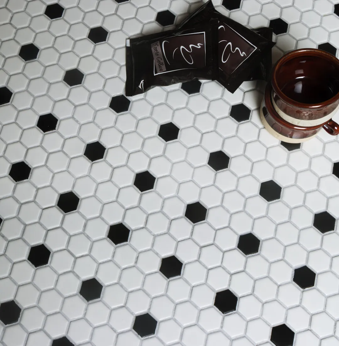 WS Tiles - Value Matte White with Black Dot 11.8 in. x 10.2 in. Porcelain 1" Hexagon Mosaic Floor & Wall Tile (9 sq. ft / Case), photo 2 of 5