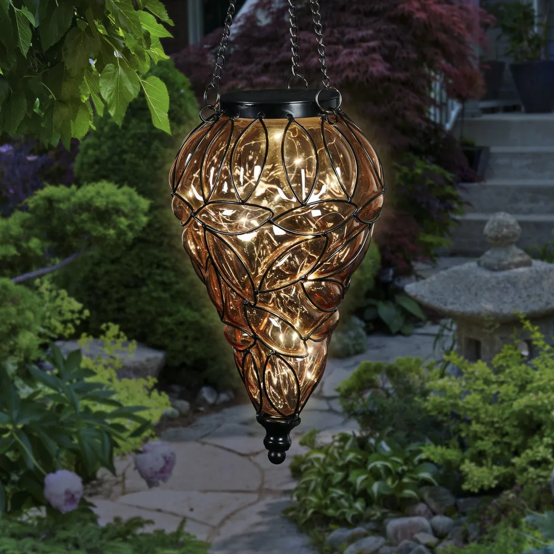 Exhart Solar Tear Shaped Amber Glass and Metal Hanging Lantern with 15 LED Fairy Firefly String Lights, 7 by 24 inches, photo 2 of 6