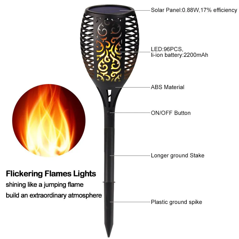 Topchances 10 Pack - Solar Lights Outdoor - Flickering Flames Torch Solar Path Light - Dancing Flame Lighting 96 LED Dusk to Dawn Flickering Tiki Torches Outdoor Waterproof Garden, photo 2 of 11