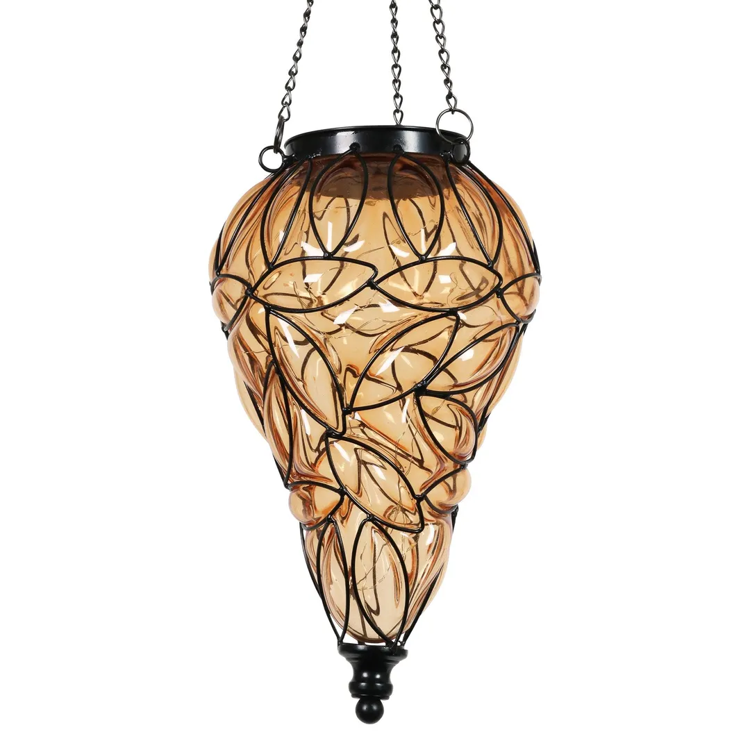 Exhart Solar Tear Shaped Amber Glass and Metal Hanging Lantern with 15 LED Fairy Firefly String Lights, 7 by 24 inches, photo 6 of 6