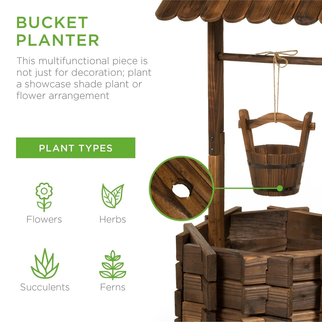 Best Choice Products Rustic Wooden Wishing Well Planter Outdoor Home Decor for Patio, Garden, Yard w/ Hanging Bucket, photo 3 of 7