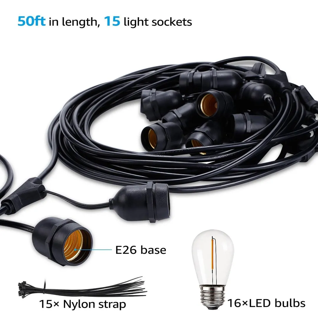 TORCHSTAR 50ft LED Outdoor String Lights, Weatherproof Patio String Light for Party, Restaurant, Garden, Patio Lights, 15 Sockets, 16 Bulbs Included, photo 8 of 9