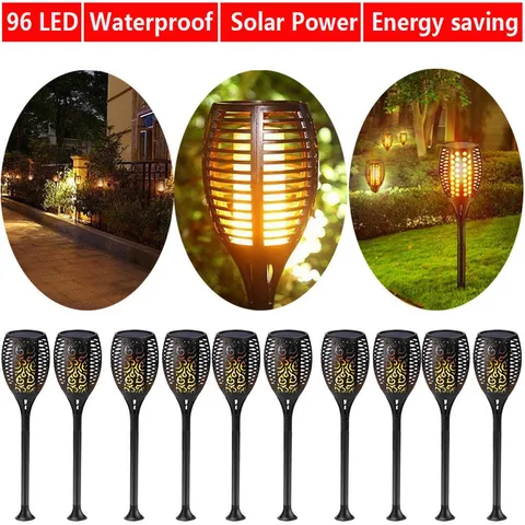 10-Pack 96 LED Waterproof Flickering Flames Solar Tiki Torches Light Garden Light