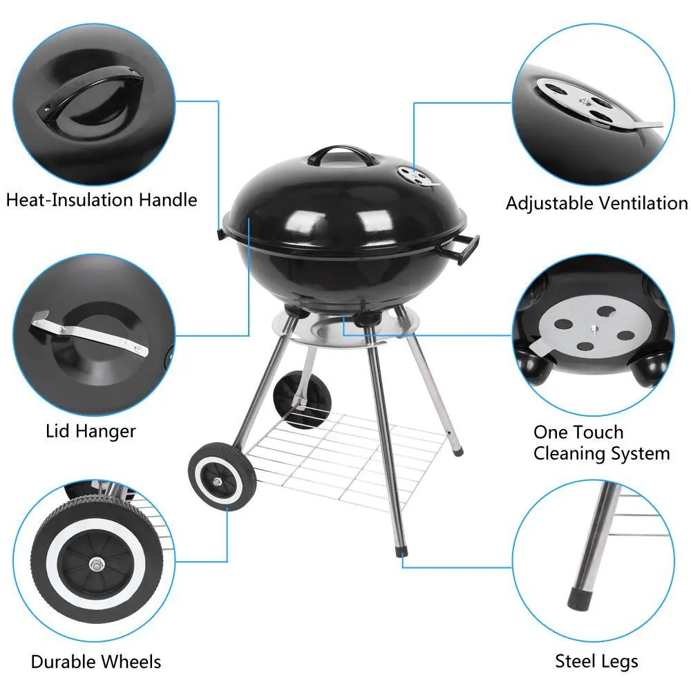 Zimtown 18" Portable Charcoal BBQ Grill Outdoor Camping Backyard with Side Wheels Black, photo 3 of 6