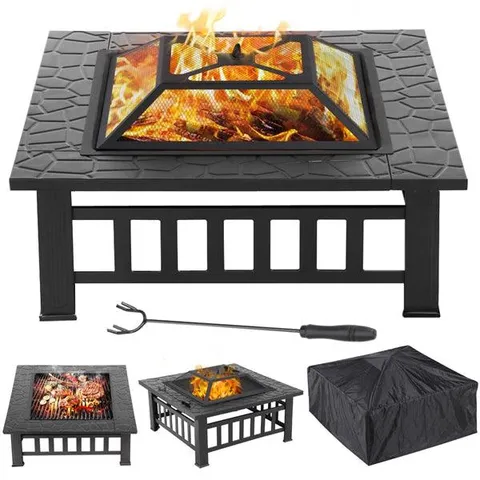 32" Metal Square Fire Pit Garden Stove Brazier Square Metal Brazier with Poker For Barbecue