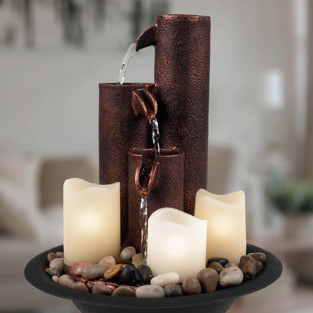 Indoor Water Fountain With LED Lights- Lighted Tired Column Tabletop Fountain With Candles and Soothing Sound for Office and Home Decor By Pure Garden, photo 3 of 3