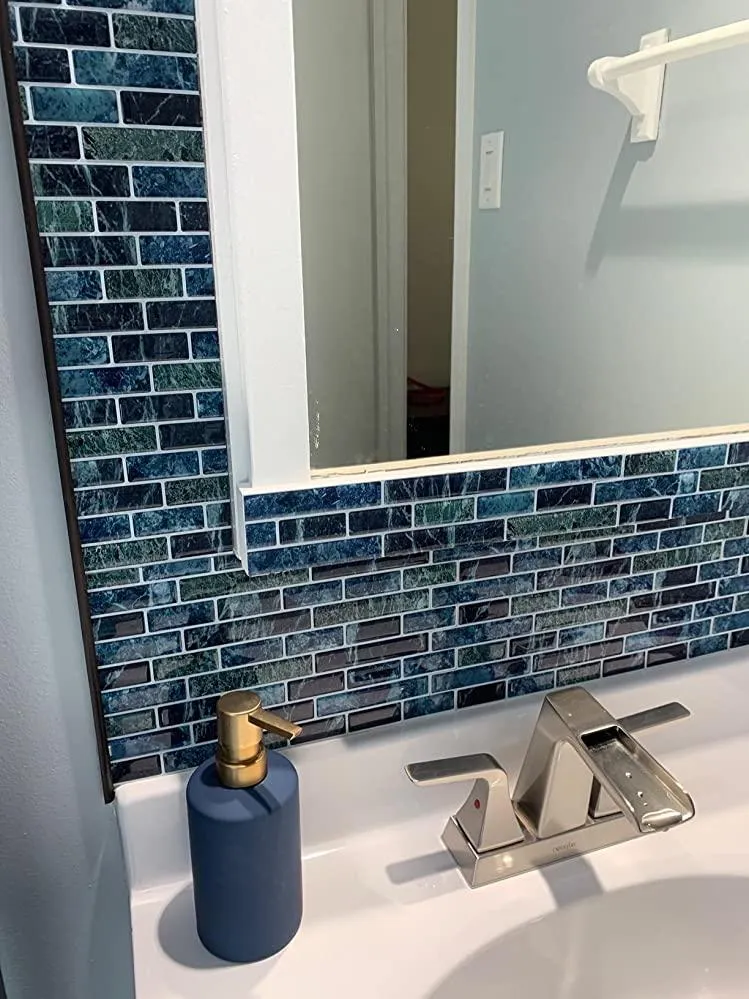 Crystiles Blue, Green, Turquoise and Black Marble, 10 in. x 10 in. Peel and Stick Vinyl Wall Tile Backsplash (6-Pack), photo 3 of 7