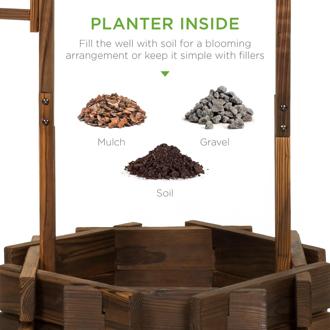 Best Choice Products Rustic Wooden Wishing Well Planter Outdoor Home Decor for Patio, Garden, Yard w/ Hanging Bucket, photo 5 of 7
