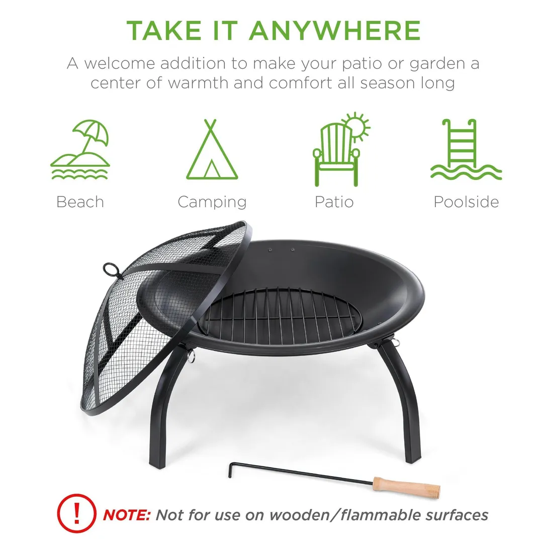 Best Choice Products 22in Fire Pit Bowl, Portable Folding Steel Outdoor Camping Accessory w/ Mesh Cover, Poker, photo 3 of 6