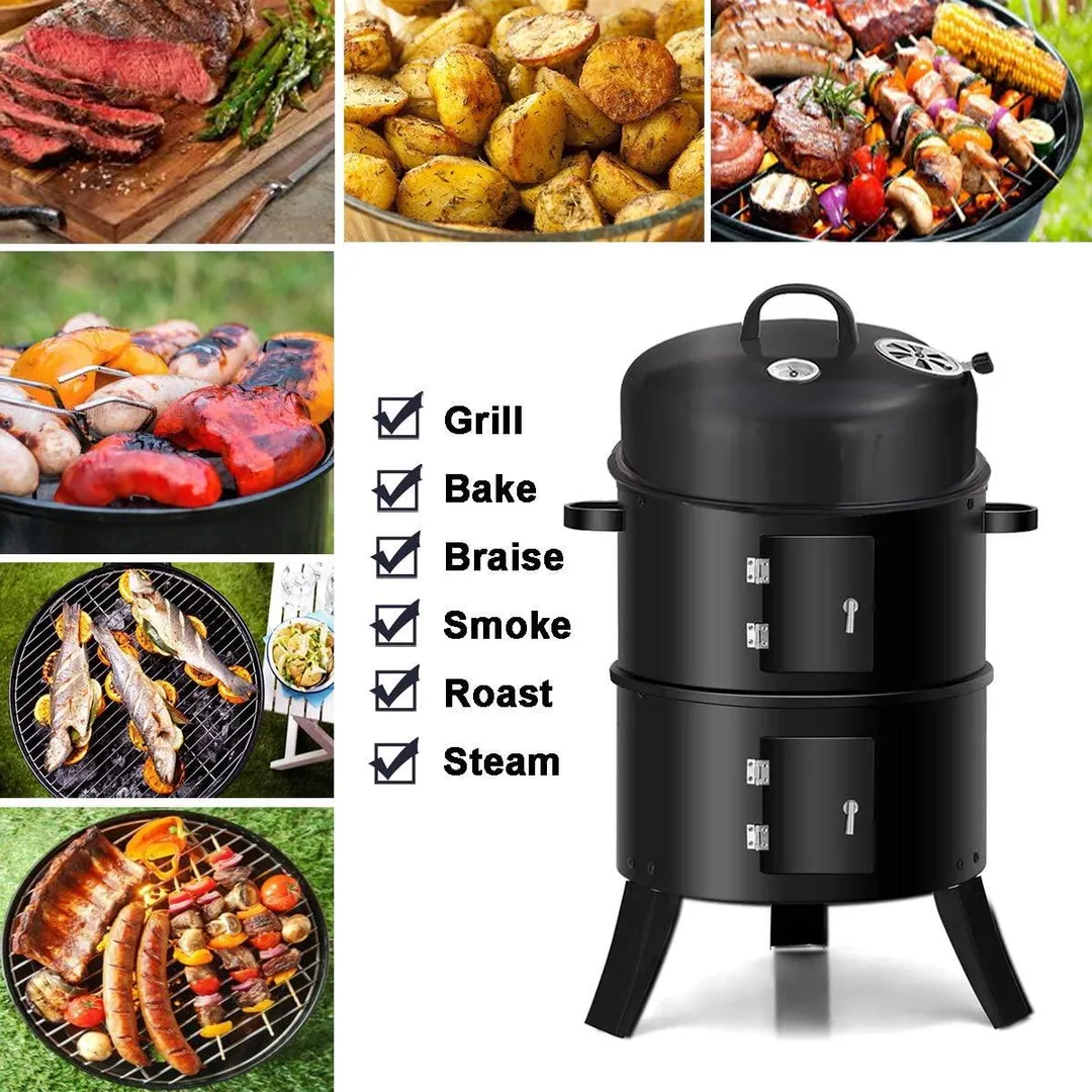 Portable Charcoal Grill 2 tier Outdoor Stove Grills Multifunctional Fire Pit 20" Complete Smoker for Camping Barbecue, Black, photo 4 of 7