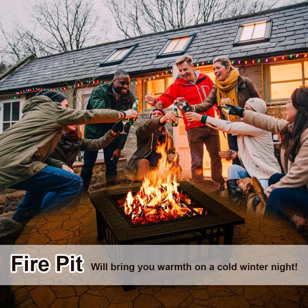 FDW Outdoor fire pit for wood 32" Metal firepit for patio Wood Burning Fireplace Square Garden Stove with Charcoal Rack, Poker & Mesh Cover for Camping Picnic Bonfire Backyard, photo 2 of 7