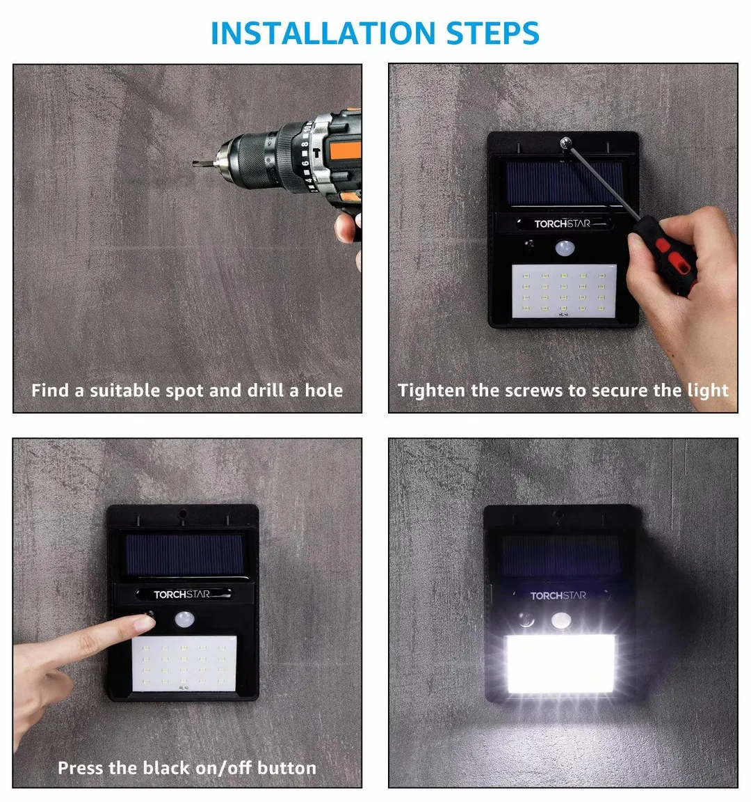 TORCHSTAR LED Solar Motion Sensor Lights, Wireless Outdoor Wall Lights, Outdoor Security Wall Mount Light for Garden, Patio, Black, Pack of 4, photo 8 of 8