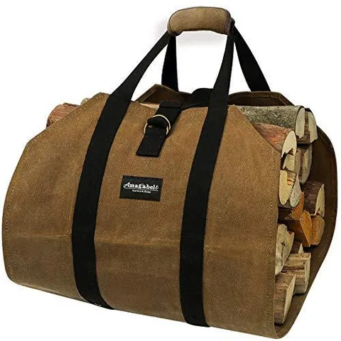 Fireplace Carrier Waxed Canvas Fire Place Sturdy Wood Carring Bag with Handles Security Strap for Camping Indoor Firewood Logs Tote Log Holder Birchwood Stand