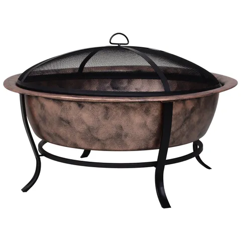 Black Rustic Cauldron Style Metal Wood Fire Pit Bowl w/ Log Poker and Mesh Screen Enclosure for Ember Protection