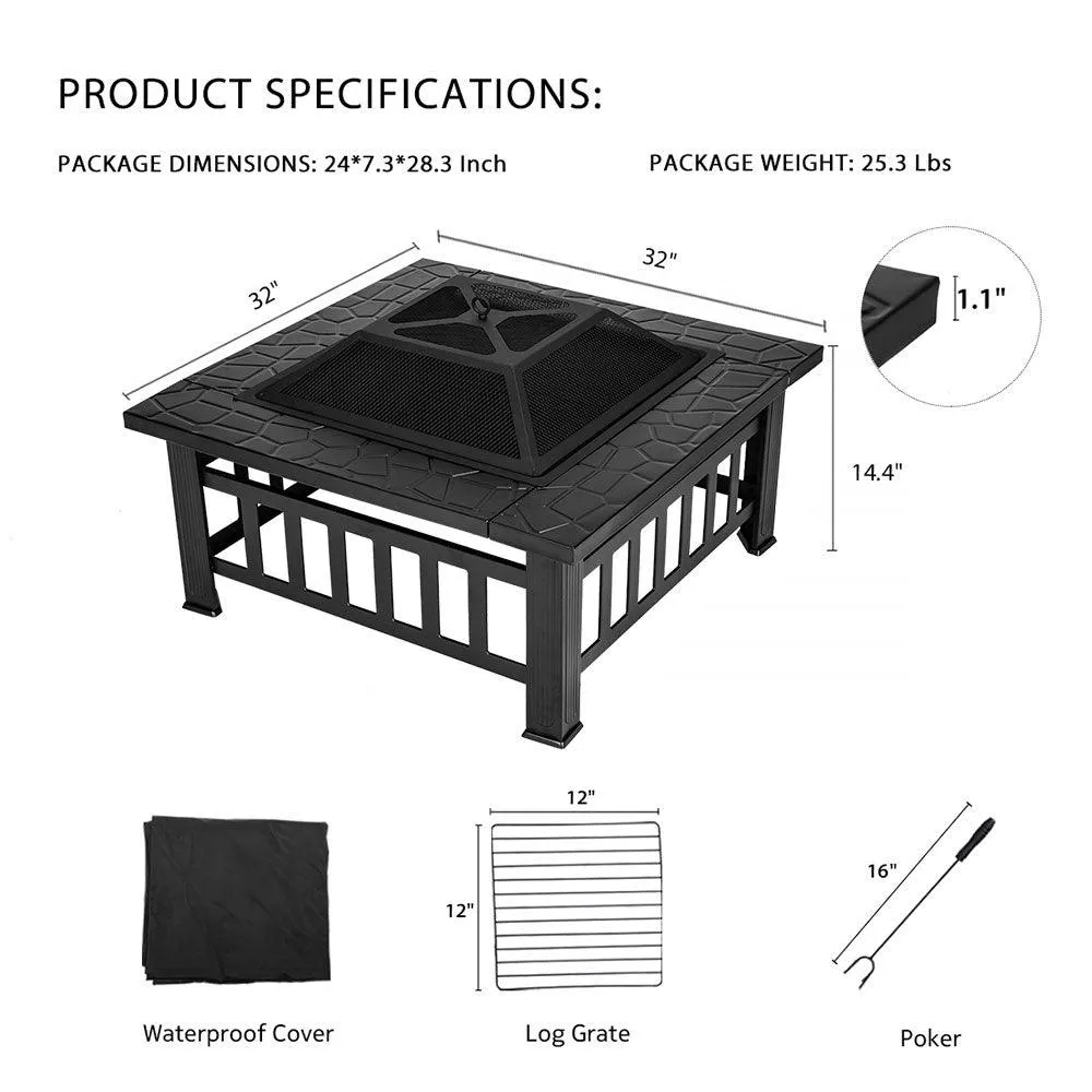 SINOWELL Outdoor Fire Pit Square Metal Firepit Backyard Patio Garden Stove Wood Burning Fire Pit W/Rain Cover, Black, photo 3 of 8