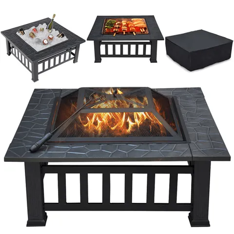 32" Outdoor Square Fire Pit Metal Firepit with Spark Screen