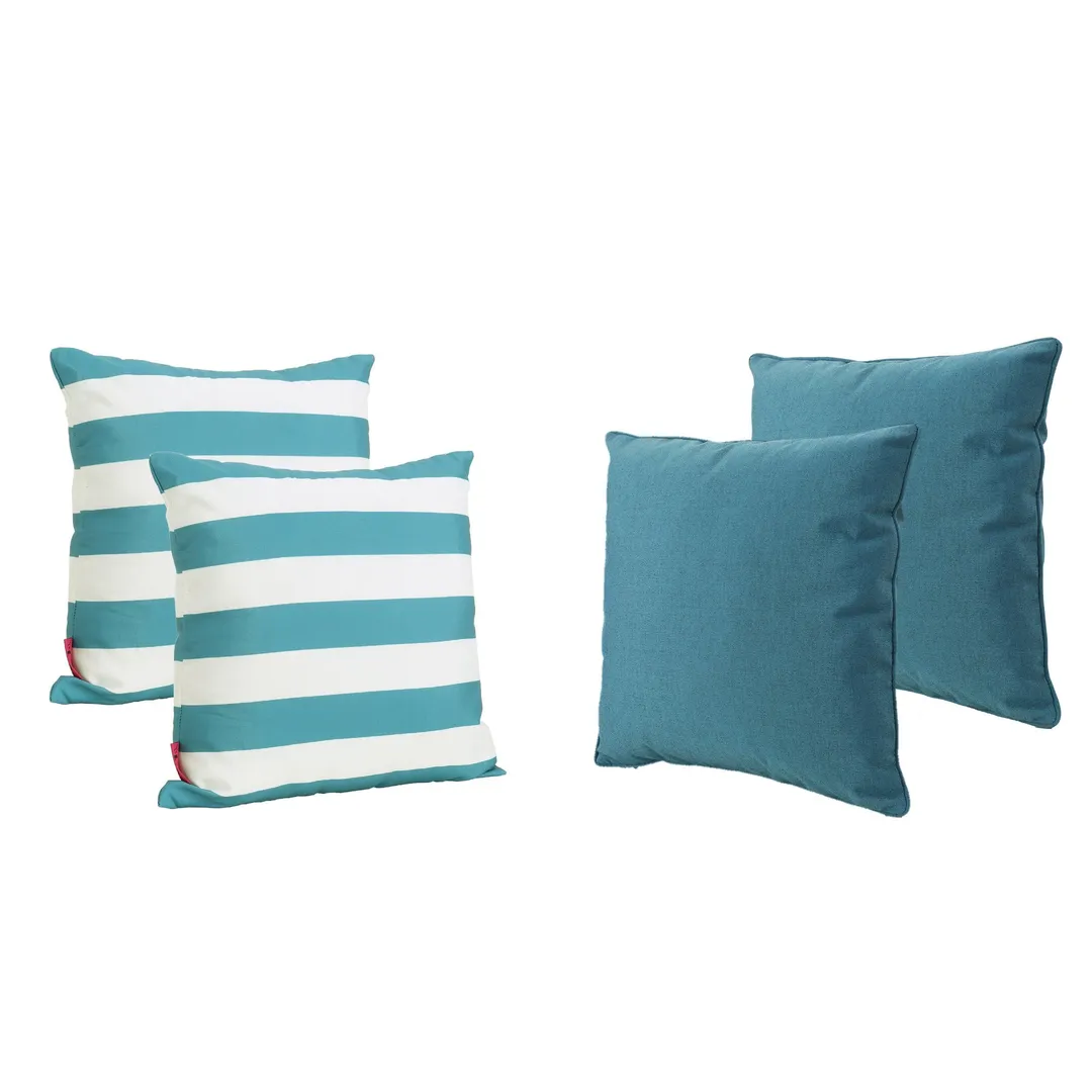 Esme Outdoor Water Resistant Fabric Solid and Striped Square Throw Pillows, Set of 4, Dark Teal, photo 6 of 11