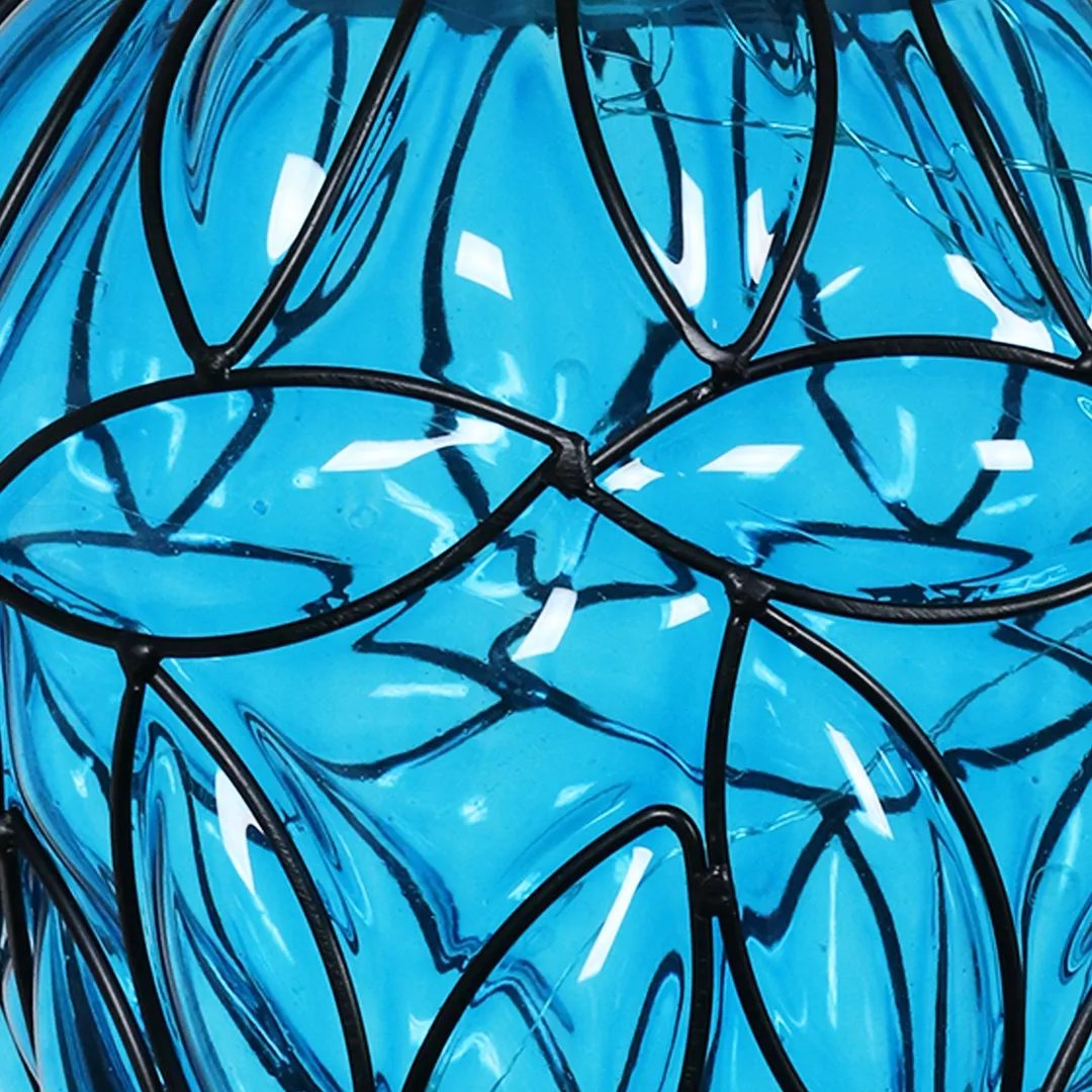 Exhart Solar Tear Shaped Glass and Metal Hanging Lantern in Blue with 15 LED Fairy Firefly String Lights, 7 by 24 inches, photo 4 of 6