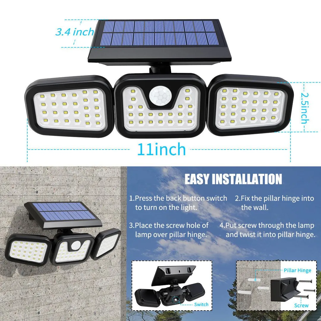 Cshidworld Solar Wall Lamp, Solar Motion Sensor Lights Outdoor IP65 Waterproof 74 LED Wireless Solar Light Spotlight 3 Adjustable Head 270° Wide Angle Illumination Security Flood Light- Garage Yard Garden Patio, photo 8 of 8