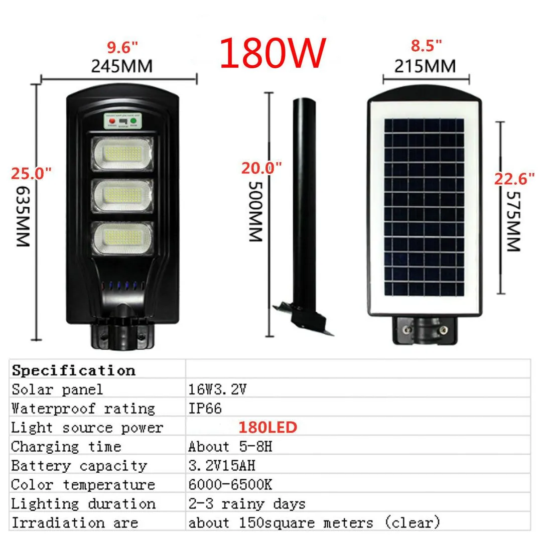 Stoneway 180W Outdoor Solar Street Light, 6000-6500K, Waterproof IPX66 PIR Motion Auto Sensor Light Garden Yard Wall Outdoor Street Light Lamp with Remote Control, photo 10 of 10