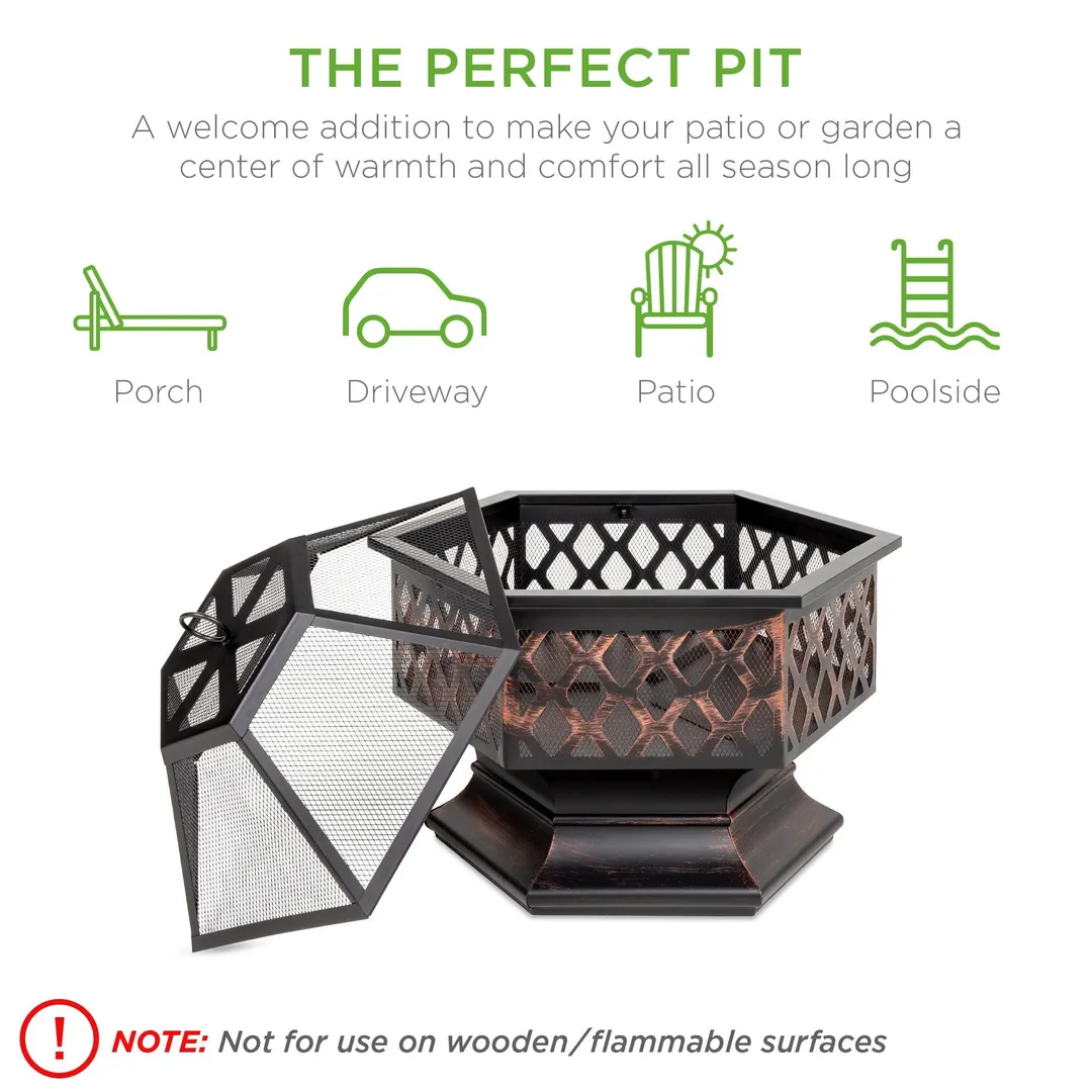 Best Choice Products 24in Hex-Shaped Steel Fire Pit for Garden, Backyard, Poolside w/ Flame-Retardant Mesh Lid, photo 3 of 7