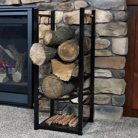 Sunnydaze Log Rack with Tool Holders Steel with Blakc Finish Firewood Storage
