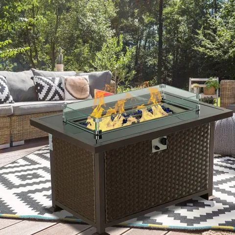 44 Inch Outdoor Propane Fire Pit Table 50,000 BTU Gas Fire Pit Table,Wicker PE Rattan with Glass Wind Guard,Clear Glass Rocks,Cover- Brown