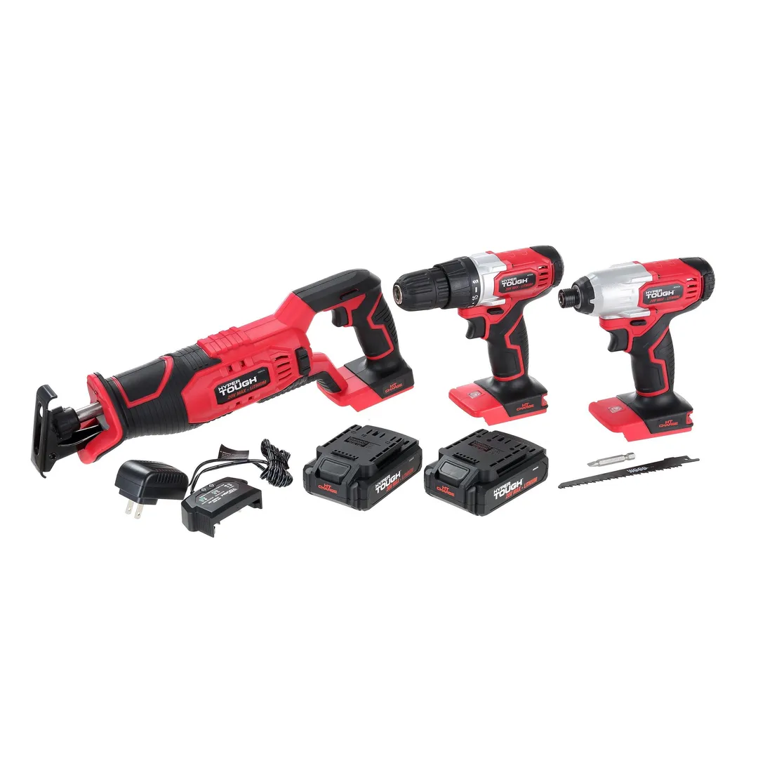 Hyper Tough 20V MAX Lithium-ion 3/8-in. Cordless Drill, 1/4-in. Impact Driver & Reciprocating Saw Combo Kit (3-Tool) with (2)1.5Ah Lithium-ion Batteries, Charger, Wood Blade, Bit Holder & LED Lights, photo 2 of 8