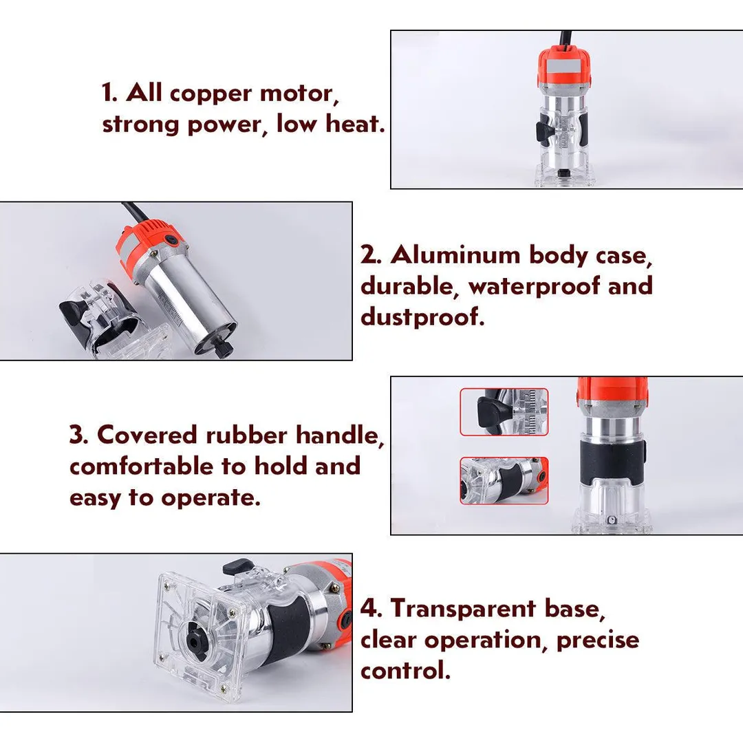 V.I.P. 110V 1200W 35000r/min Waterproof Electric Wood Hand Trimmer Edge Wood Laminator Router Joiners Woodworking Tool Set Kit Carving Machine, photo 4 of 10