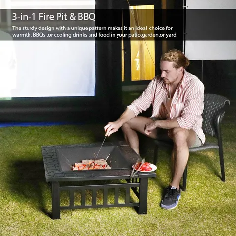 Outdoor Fire Pit Square Metal Firepit Backyard Patio Garden Stove Wood Burning Fire Pit W/Rain Cover
