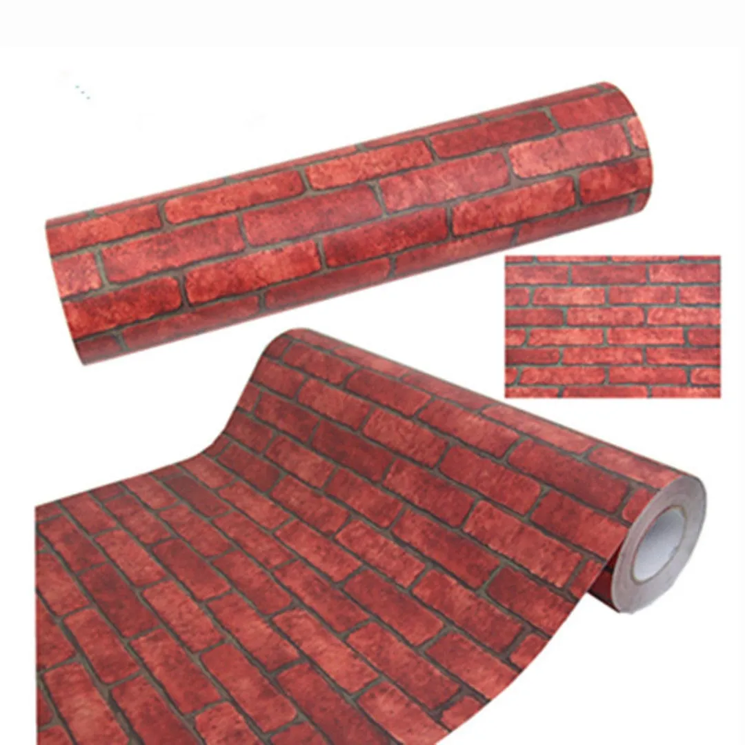 NK HOME 1M/ 5M/ 10M Self-Adhesive Wallpaper Red Brown Brick Contact Paper Fireplace Peel-Stick Wall Stickers Door Stickers Counter Top Liners, Red Brick, photo 3 of 4