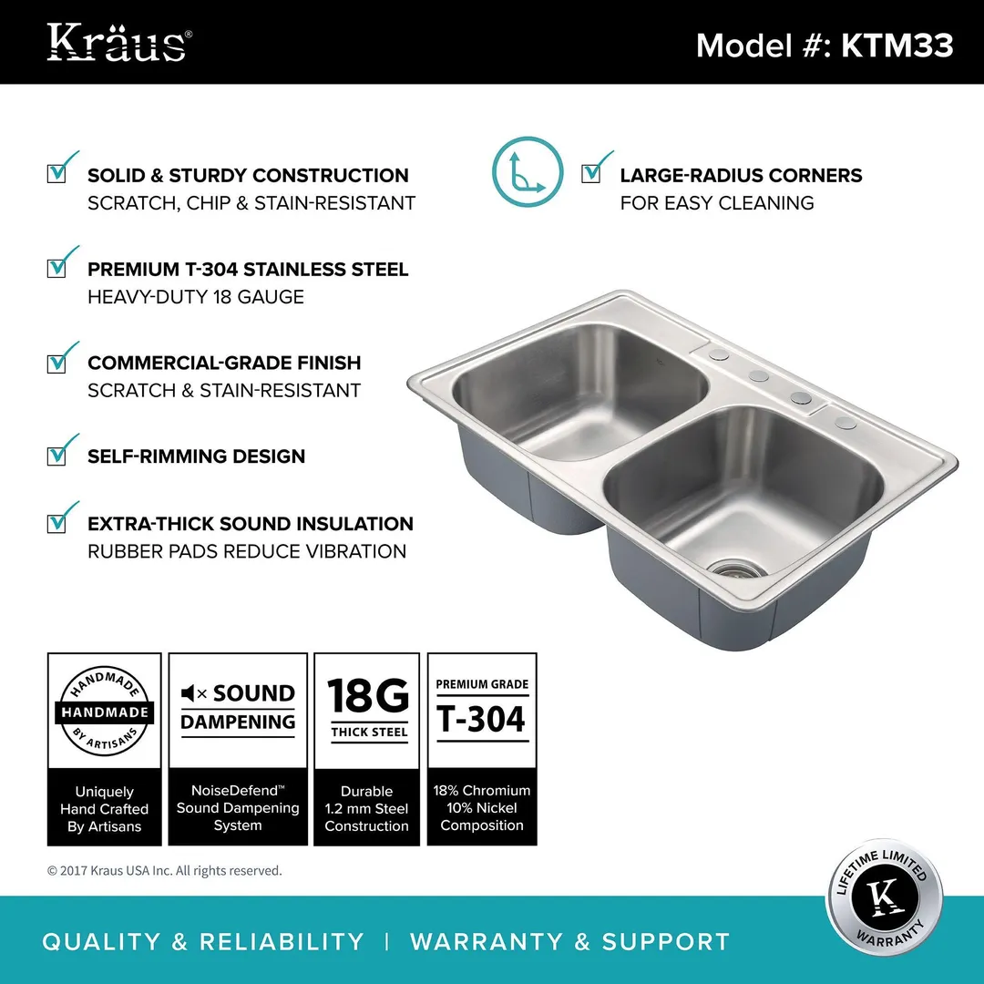 KRAUS 33 Inch Topmount 50/50 Double Bowl 18 Gauge Stainless Steel Kitchen Sink with NoiseDefend Soundproofing, photo 2 of 5