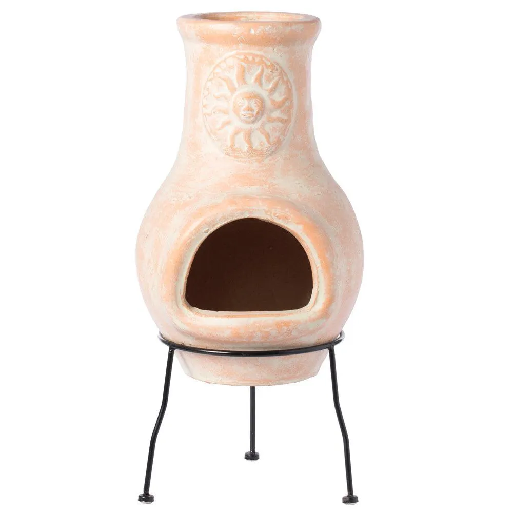 Vintiquewise Outdoor Clay Chiminea Sun Design Charcoal Burning Fire Pit with Metal Stand, photo 3 of 8