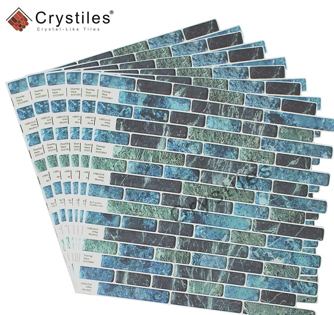 Crystiles Blue, Green, Turquoise and Black Marble, 10 in. x 10 in. Peel and Stick Vinyl Wall Tile Backsplash (6-Pack), photo 6 of 7