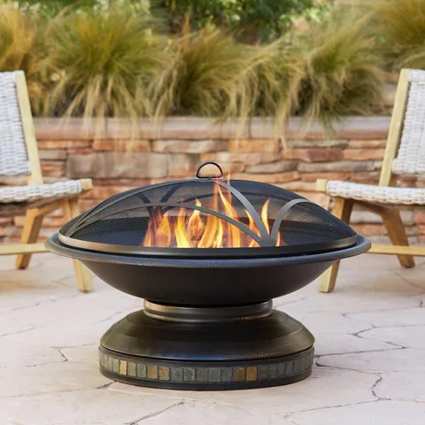 Black Iron Outdoor Fire Pit Round 35" Steel Wood Burning with Spark Screen and Fire Poker for Outside Backyard Patio Camping