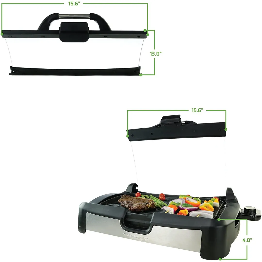 Ovente 2 in 1 Electric Countertop Powerful Contact Grill with Glass Lid & Nonstick Ceramic Grill & Griddle Plate, Portable Stainless Steel BBQ Grill with Removable Drip Tray Easy Clean, Black GR2001B, photo 8 of 8