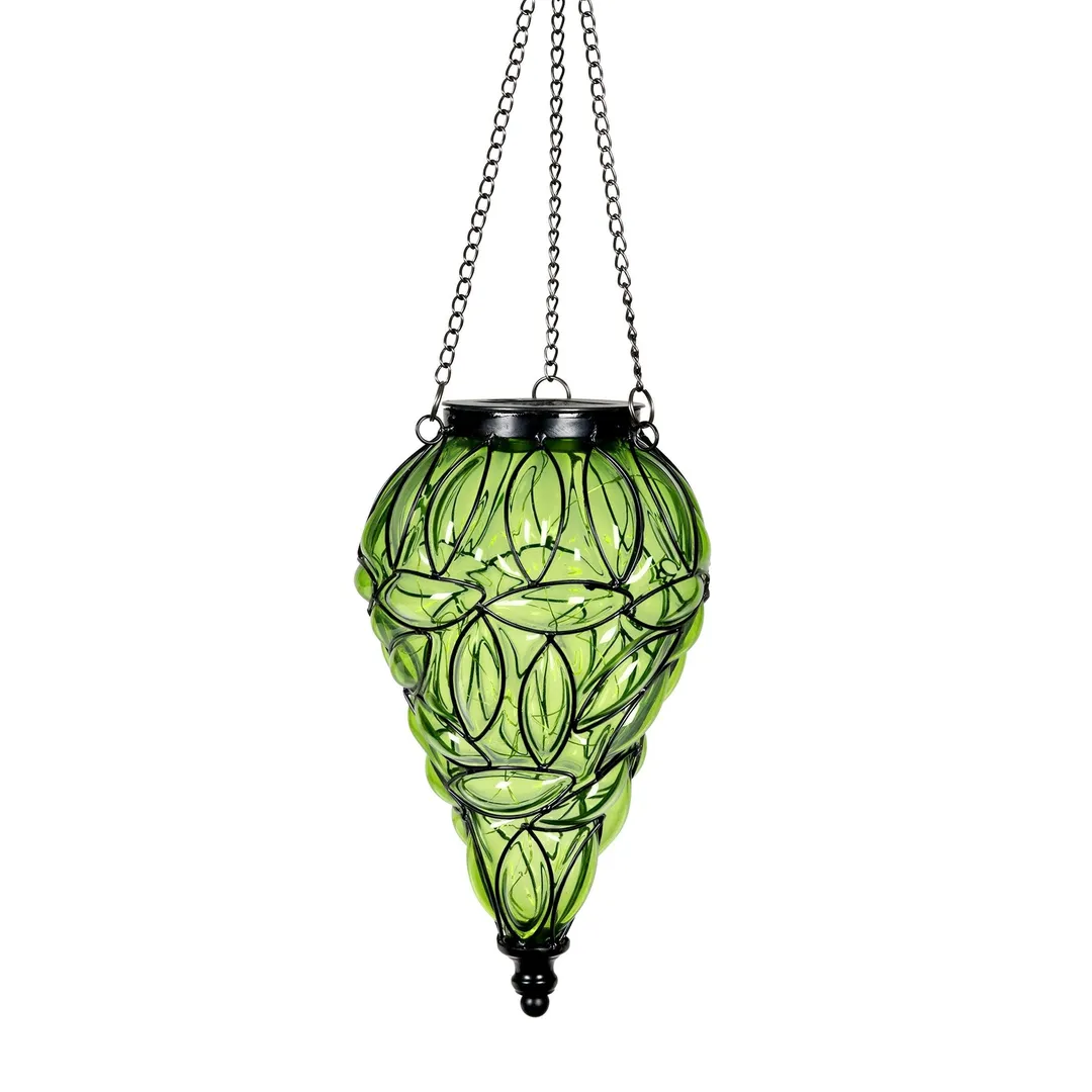 Exhart Solar Tear Shaped Glass and Metal Hanging Lantern in Green with 15 LED Fairy Firefly String Lights, 7 by 24 inches, photo 5 of 6