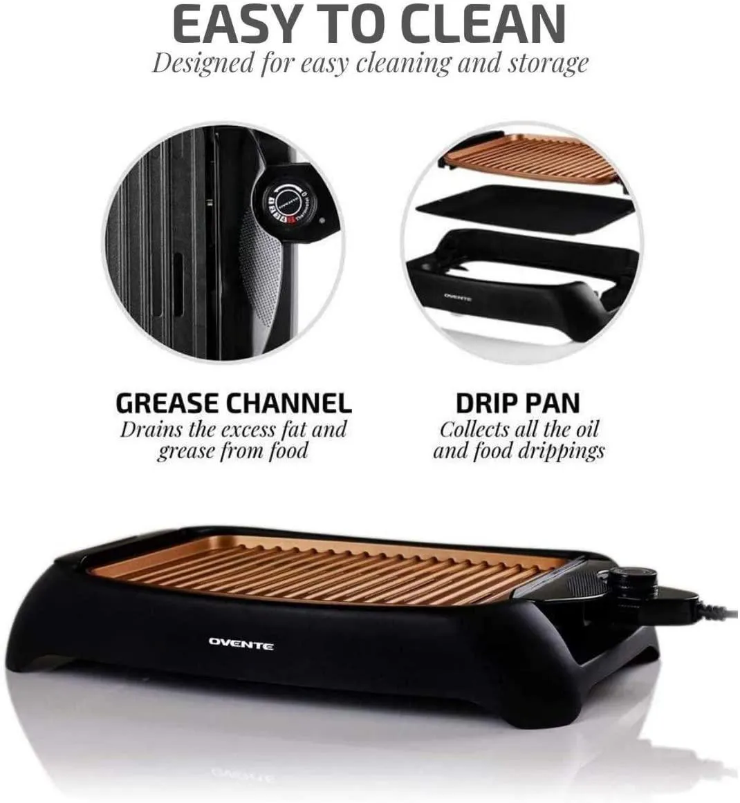 Ovente Electric Cooking Grill 13 x 10 Inch Nonstick Cast Iron Flat Plate with Oil Drip Pan & Temperature Control, Indoor Kitchen or Outdoor Easy Clean Compact for BBQ Grilling Meat, Copper GD1632NLCO, photo 4 of 9