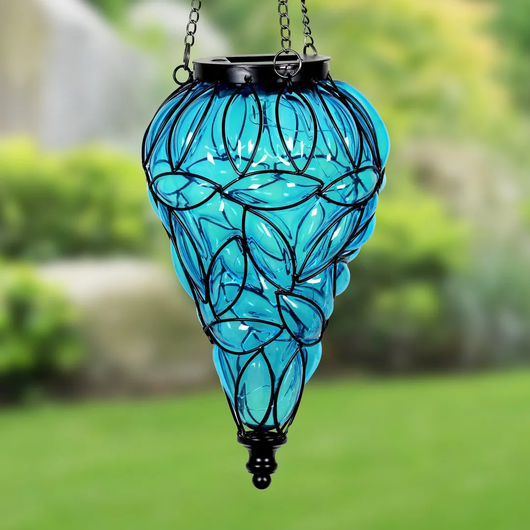Exhart Solar Tear Shaped Glass and Metal Hanging Lantern in Blue with 15 LED Fairy Firefly String Lights, 7 by 24 inches, photo 3 of 6